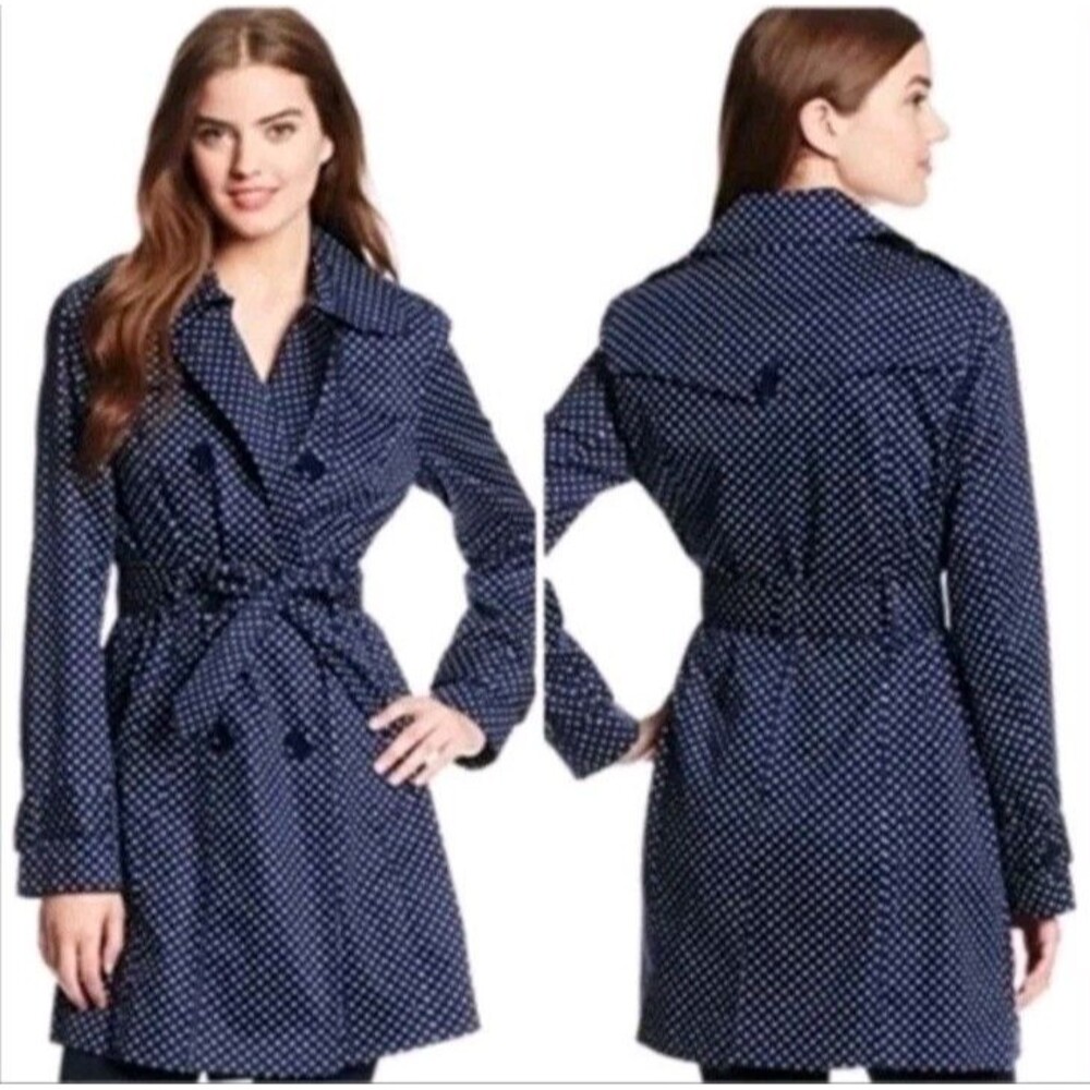 London Fog Size L Navy Polka Dot Single Breasted Trench Coat with Belt Cotton